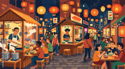 A bustling Asian night market illustration with diverse people eating noodles at food stalls under glowing paper lanterns, creating a warm and lively community atmosphere.
