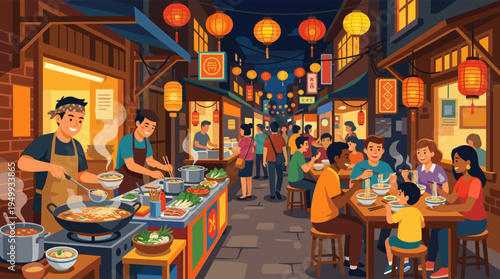 A vibrant vector illustration of a bustling Asian night market where diverse people and families enjoy eating noodles under glowing lanterns.