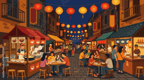 An illustration of a bustling Asian street food market at night, with people eating noodles and vendors cooking under festive red lanterns.