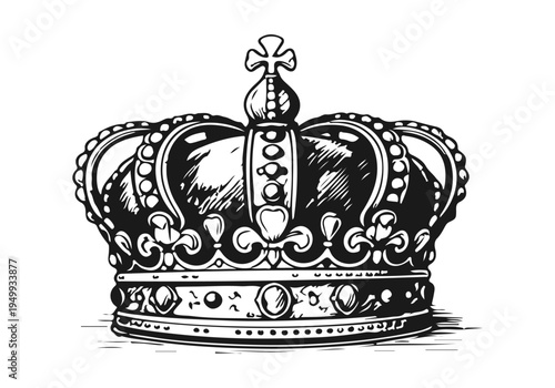 Simple hand drawn king crown icon, engraved illustration.