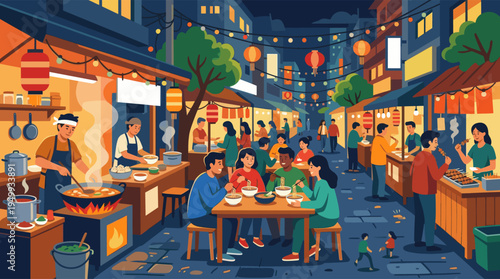 A vibrant illustration of a bustling Asian night market, with diverse people eating noodles and skewers at food stalls under glowing lanterns.