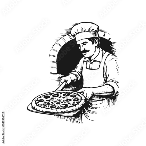 Simple hand drawn pizzaiolo with whole pizza icon, engraved illustration.