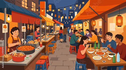 An illustration of a bustling Asian night market where happy friends and families enjoy delicious Korean street food like tteokbokki and noodles under warm glowing lanterns.