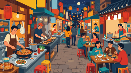 A vibrant illustration of a bustling Asian night market, where people gather to cook, sell, and eat delicious street food under glowing lanterns.