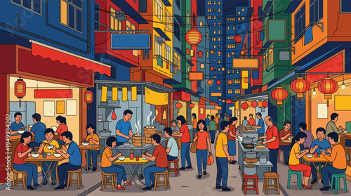 An energetic illustration of a crowded Asian street food market at night, with people eating noodles and chefs serving food under colorful lanterns.