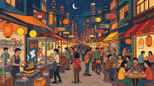 A bustling Asian street food market comes alive at night in this vibrant illustration, with crowds eating noodles under glowing lanterns.