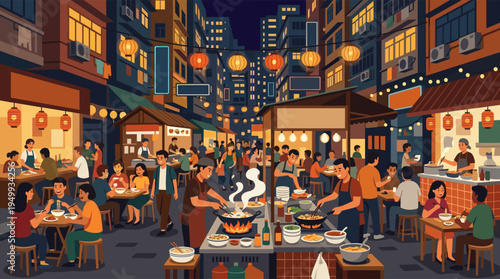 A vibrant illustration of a bustling Asian night market, where crowds of people gather to eat delicious street food under glowing lanterns.