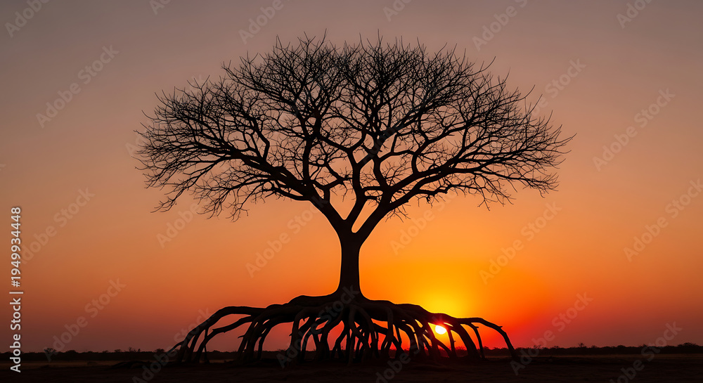 Naklejka premium Bare tree silhouette against vibrant sunset