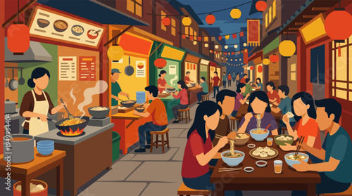 A vibrant vector illustration of a bustling Asian night market with people eating noodles and dumplings at food stalls under glowing lanterns.