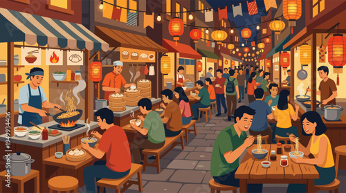 A vibrant illustration of a bustling Asian night market, where people enjoy noodles and dumplings under the warm glow of traditional lanterns.