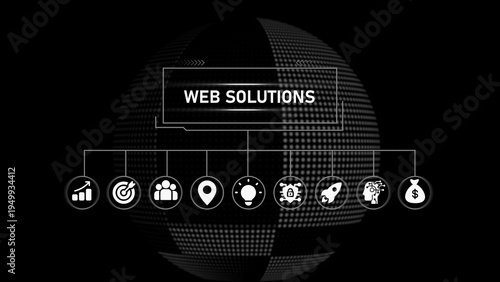 Black globe with web solutions text and for business marketing and technology