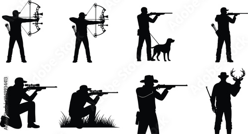 Hunter silhouette collection with rifle and bow archery poses including hunting dog and deer trophy isolated vector illustration set