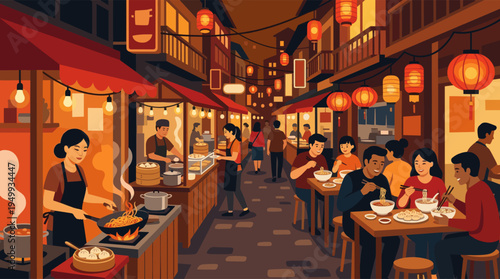 Vector illustration of a vibrant Asian street food scene at night, with people dining on noodles and vendors cooking at busy stalls under hanging lanterns.
