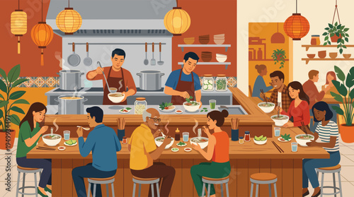A diverse group of happy customers eats steaming bowls of noodle soup at a bustling Asian restaurant with an open kitchen and warm, glowing lanterns.