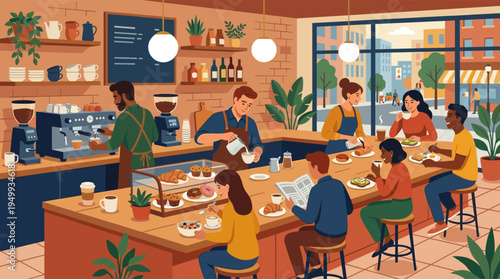 A vibrant illustration of diverse friends and customers enjoying breakfast and coffee in a bustling, modern city coffee shop with baristas working behind the counter.