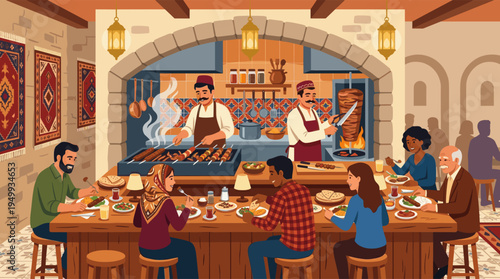 A diverse group of friends enjoys authentic kebabs and doner at a lively, traditional Turkish restaurant with a busy open kitchen.