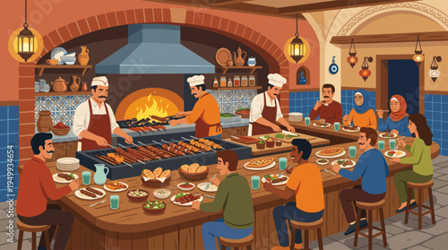 A diverse group of friends enjoy a lively dinner at a traditional Turkish restaurant as chefs grill fresh kebabs over an open fire in the kitchen.