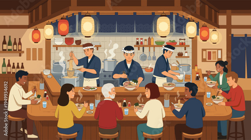 A diverse group of friends and customers eat steaming bowls of ramen at a busy, traditional Japanese restaurant bar while chefs prepare food in the kitchen.