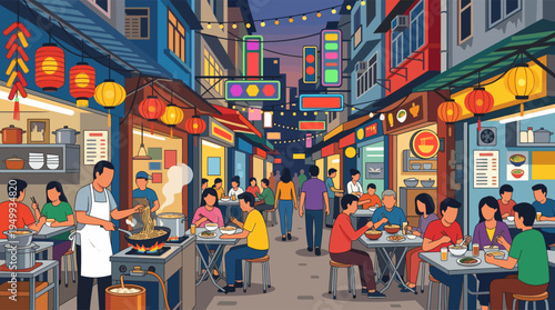A vibrant illustration of a bustling Asian night market, where crowds of people eat delicious street food like noodles under glowing lanterns and neon signs.