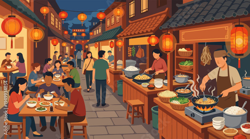 An illustration of a bustling Asian night market where people eat at food stalls under the warm glow of hanging red lanterns, creating a vibrant and lively cultural scene.