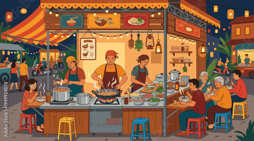 Warm lights from lanterns illuminate a busy Asian food stall at night, where chefs are cooking and people gather to eat traditional noodles.