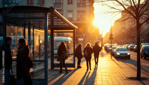 Urban Commuters at Evening Transit Station Golden Hour Line Art