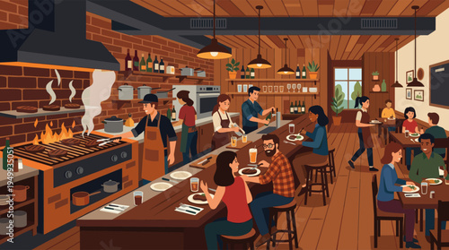 Happy customers enjoy food and drinks in a bustling, modern restaurant with a cozy interior, warm lighting, and a chef grilling steaks in the open kitchen.