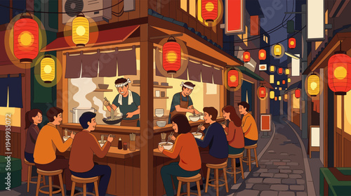 An illustration of a bustling Japanese food stall at night, where chefs serve ramen to happy customers under the warm glow of traditional red lanterns.