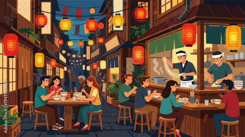 A diverse group of friends enjoys ramen noodles at a bustling outdoor Japanese restaurant in a vibrant city alleyway illuminated by warm paper lanterns at night.