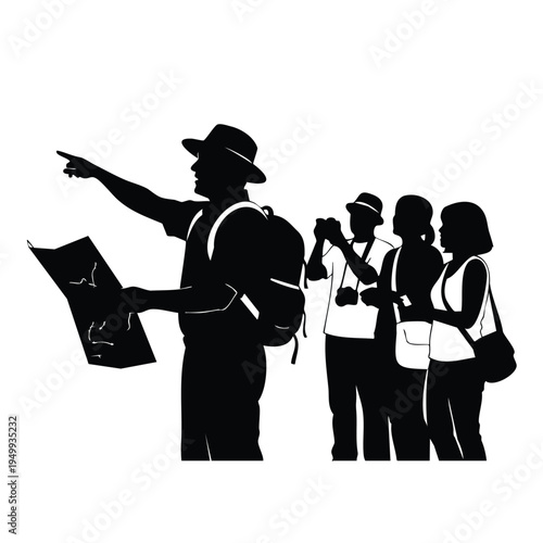 Silhouette tourists with map and camera pointing outdoors adventure