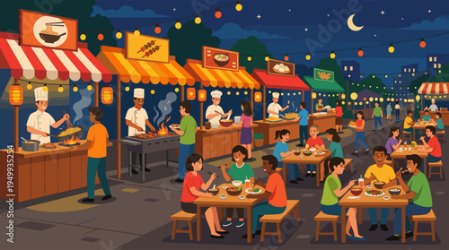 A vibrant illustration of a busy Asian street food market at night, with diverse people eating and socializing under festive string lights.