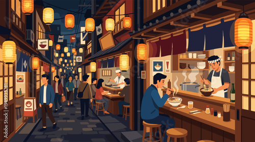 A lively illustration of a busy Japanese street market at night, with people eating steaming ramen at an outdoor food stall under the warm glow of paper lanterns.