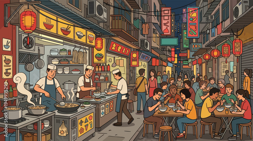 A vibrant illustration of a bustling Asian night market, where chefs cook at a food stall and people enjoy eating noodles under red lanterns.