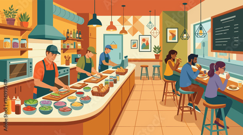 A vibrant flat illustration of a busy sandwich shop where staff prepares fresh food and diverse customers enjoy lunch at the counter in a modern deli.