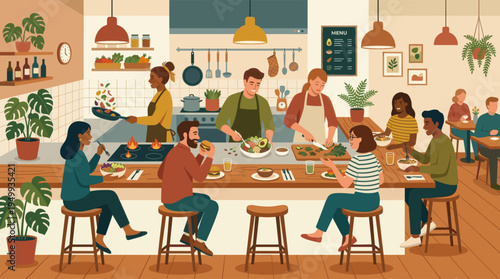 Flat vector illustration showing a bustling restaurant scene with a diverse community cooking food and dining together in a warm, cozy atmosphere.