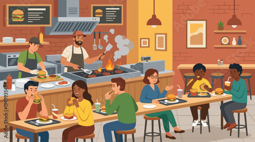 A lively and diverse group of friends eat burgers and fries in a busy fast food restaurant while chefs grill patties in the open kitchen.