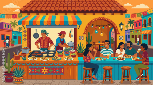 A vibrant illustration of friends laughing and enjoying fresh tacos at a lively outdoor Mexican street food market under festive banners.