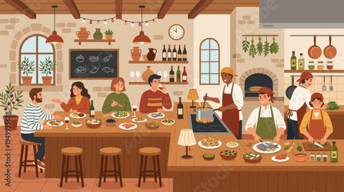 Happy friends enjoy a lively dinner at a cozy, rustic restaurant with an open kitchen where chefs prepare fresh Mediterranean food.