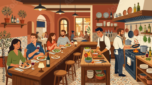 Happy friends enjoy dinner and wine in a warm, rustic Italian restaurant with a bustling open kitchen where chefs are cooking.