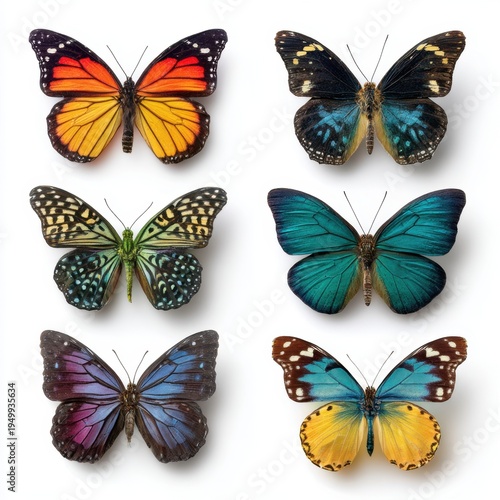 Colorful Butterfly Specimens Isolated On White Background Natural Set
