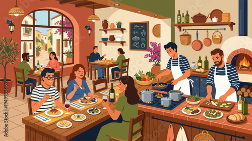 A group of diverse friends enjoys a lively meal with wine in a warm, rustic Mediterranean restaurant with chefs cooking in an open kitchen.