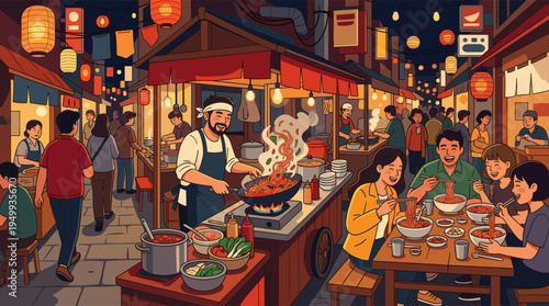 An illustration of a bustling Asian night market where a chef cooks noodles in a wok and a happy family eats together under glowing lanterns.