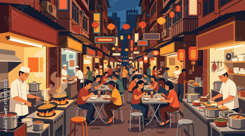 Vector illustration of a busy Asian street food market at night with people eating noodles at tables and chefs cooking in stalls under glowing lanterns.