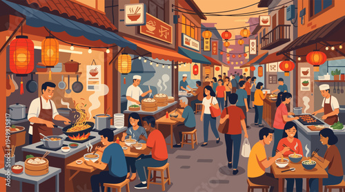 A vibrant illustration of a bustling Asian street food market at dusk, with people eating noodles and chefs cooking at lively food stalls under glowing lanterns.