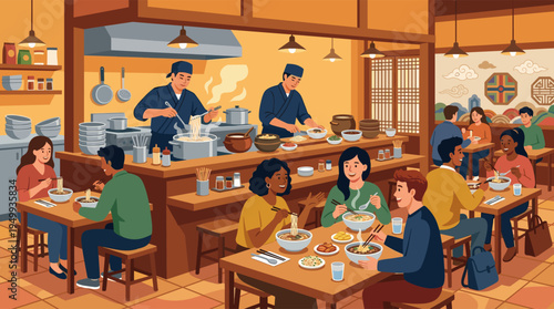 A lively illustration of a busy Korean restaurant where diverse groups of friends share hot noodle soup and side dishes, creating a warm and welcoming atmosphere.