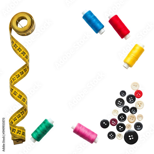 Brightly colored sewing thread spools and a yellow measuring tape are arranged around various plastic buttons for clothing repair