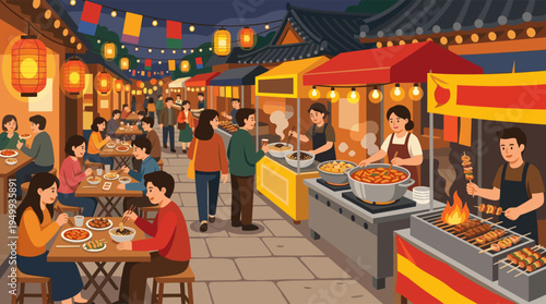 A vibrant illustration of a busy Korean night market where crowds of people enjoy delicious street food like tteokbokki under glowing lanterns.