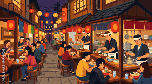 A vibrant vector illustration of a traditional Japanese food market at night, with customers eating ramen at stalls and chefs preparing steaming bowls of soup.