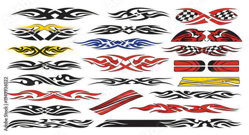 Assortment of Colorful Car Decals and Graphics for Customization.