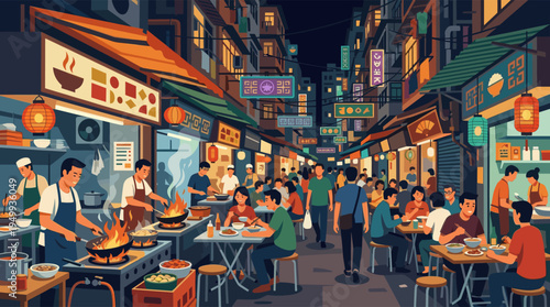 A lively illustration of a crowded Asian night food market, where people enjoy street food under the warm glow of lanterns and neon city signs.